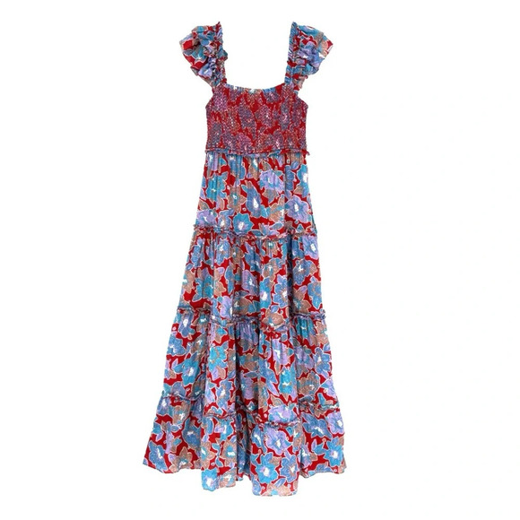 Love the Label Bouquet Smocked Tiered Ruffle Skirt Maxi Dress Blue Red Floral - Picture 3 of 7